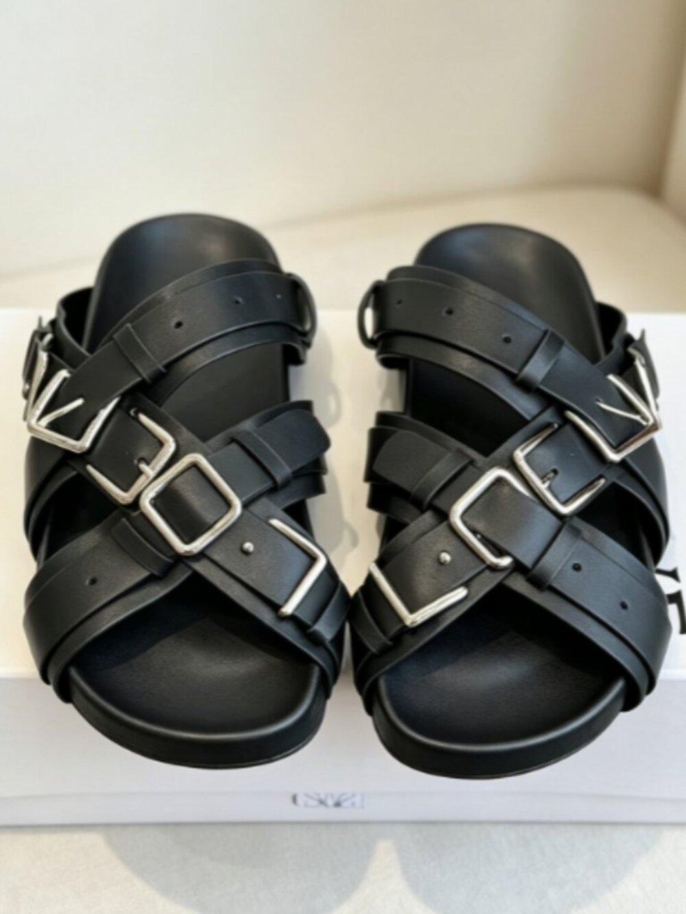 Loewe Black Multi Buckle Crisscross Slide Sandals
